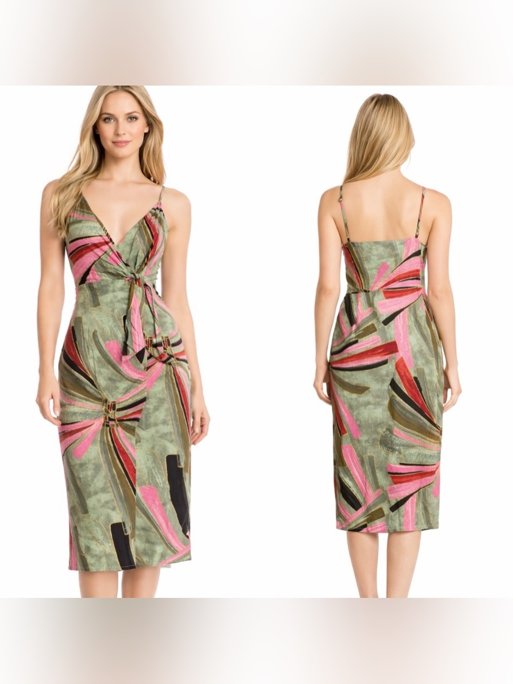 Jason Wu $425 MSRPGreen and Pink Tropical Floral Linen Wrap Midi Dress Sz 6